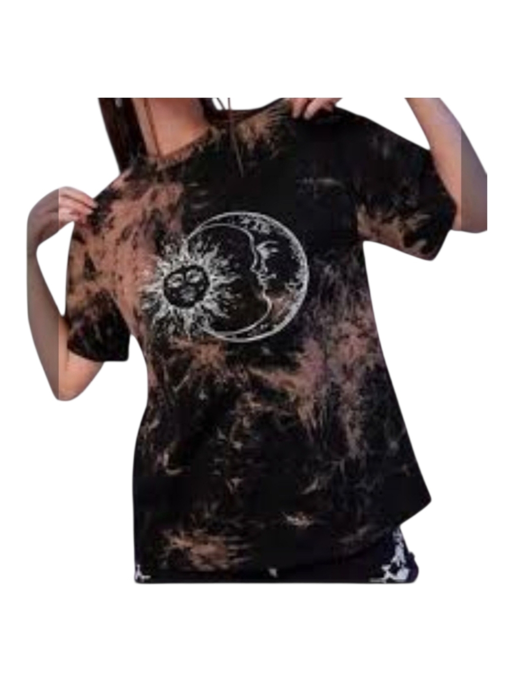 Sun and Moon Celestial Tie-Dye Graphic Tee - Black/Brown Bleach Wash Size M